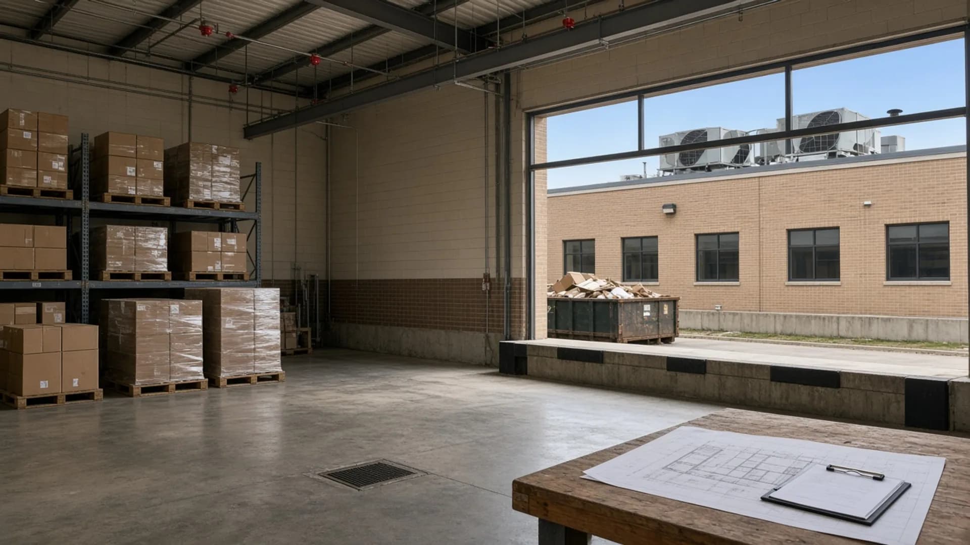 Illinois warehouse interior with masonry walls, palletized contents, sprinklers, HVAC, and a loading dock