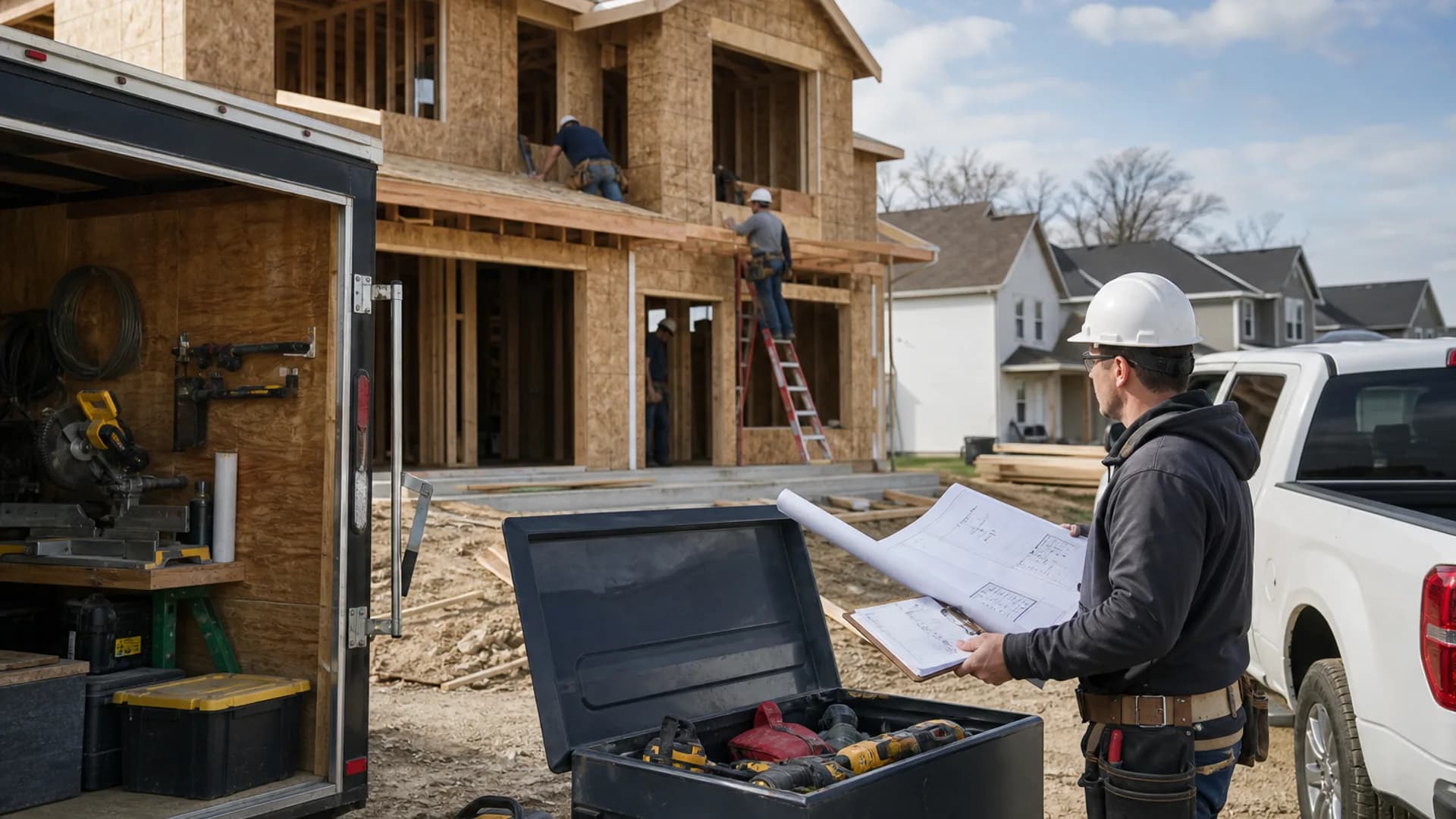 Chicagoland job site with a framed house, crew, tool trailer, work truck, and certificate paperwork