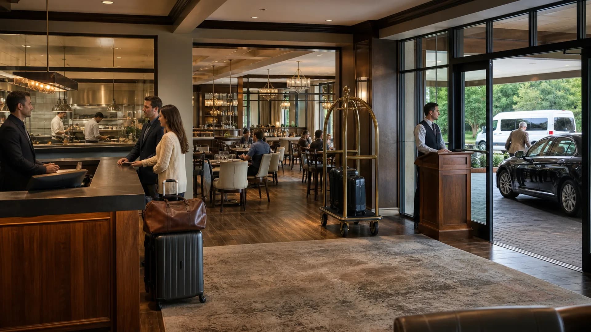 Midwest hotel lobby with guest luggage, dining room, valet stand, and a courtesy shuttle at the curb