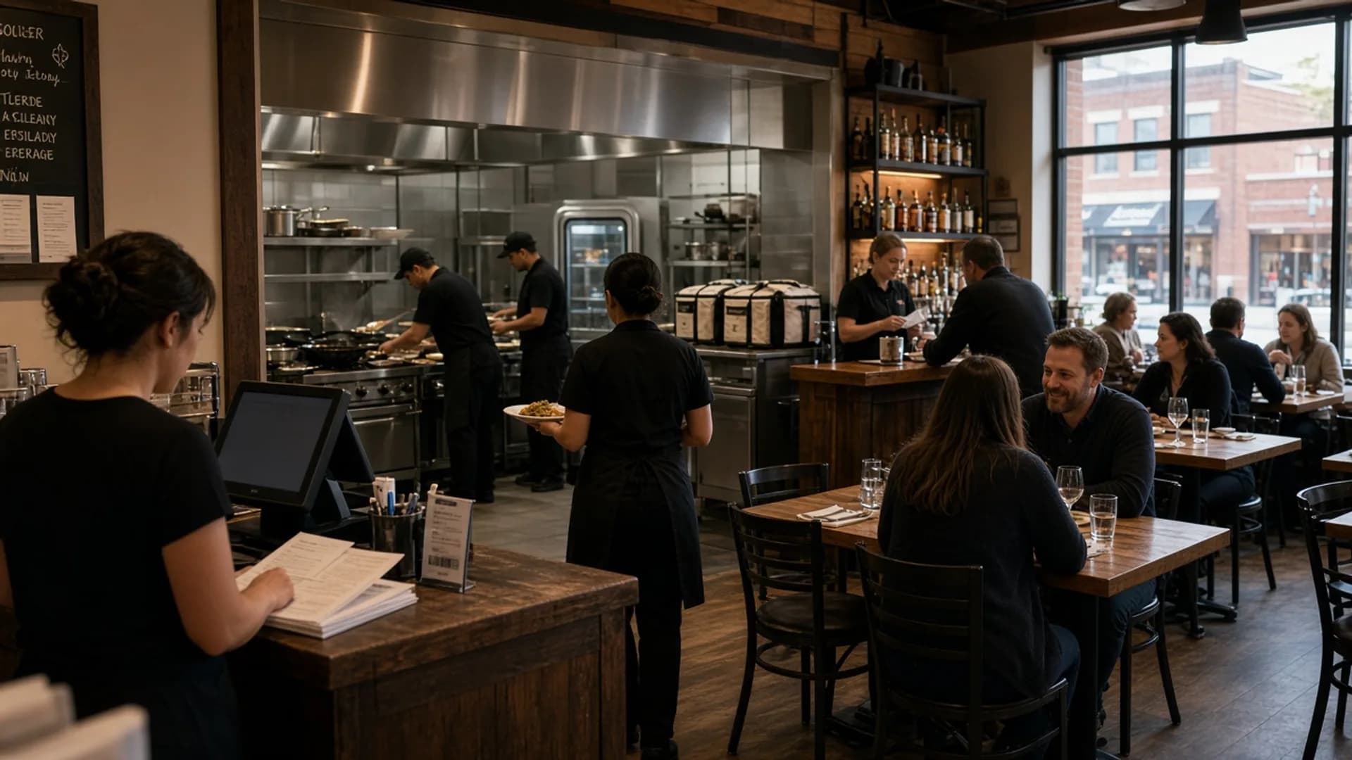 Chicagoland restaurant dining room with an open kitchen, host stand, bar, walk-in, and guests at tables