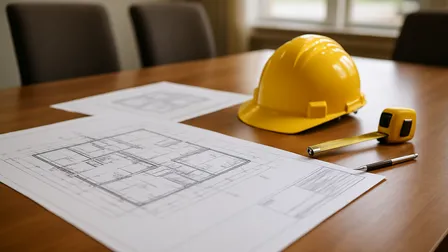 Blueprints on a table representing business insurance